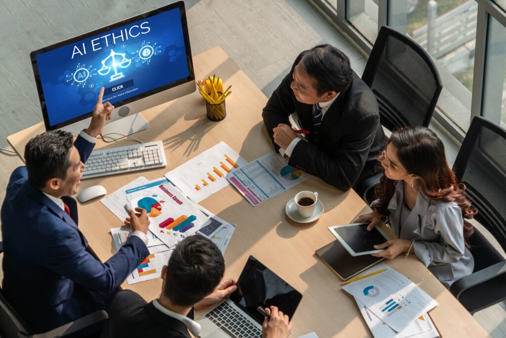 Business team discussing data and ethics at a conference table.